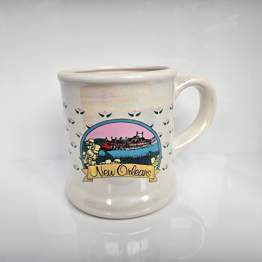 Vintage New Orleans Steamboat Iridescent Ceramic Coffee Mug Souvenir NOLA 12 oz